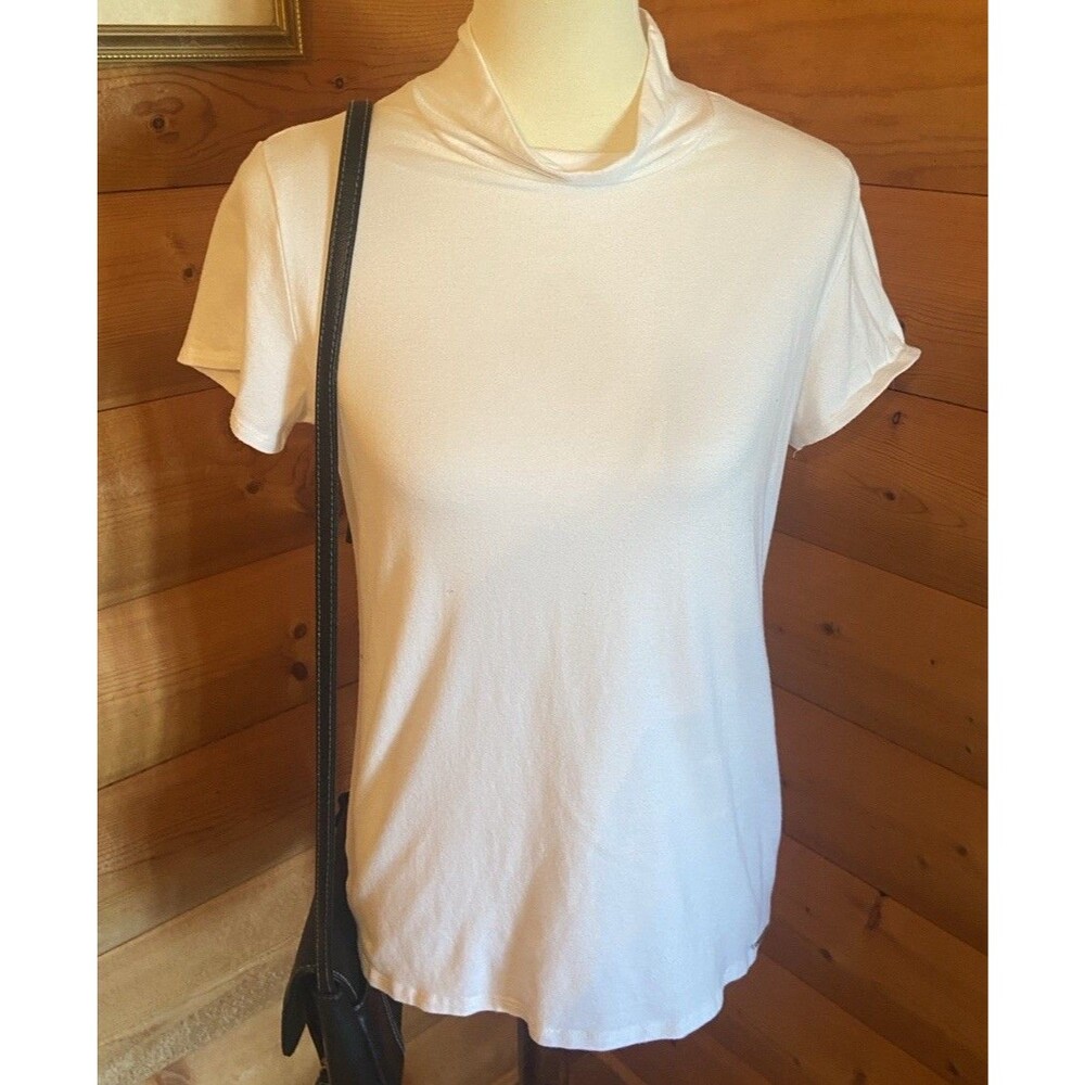 Tahari White Mock Neck Short Sleeved Jersey Top Womens Large